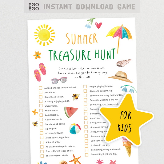 Summer treasure hunt game sheet for kids with colorful graphics on a white background