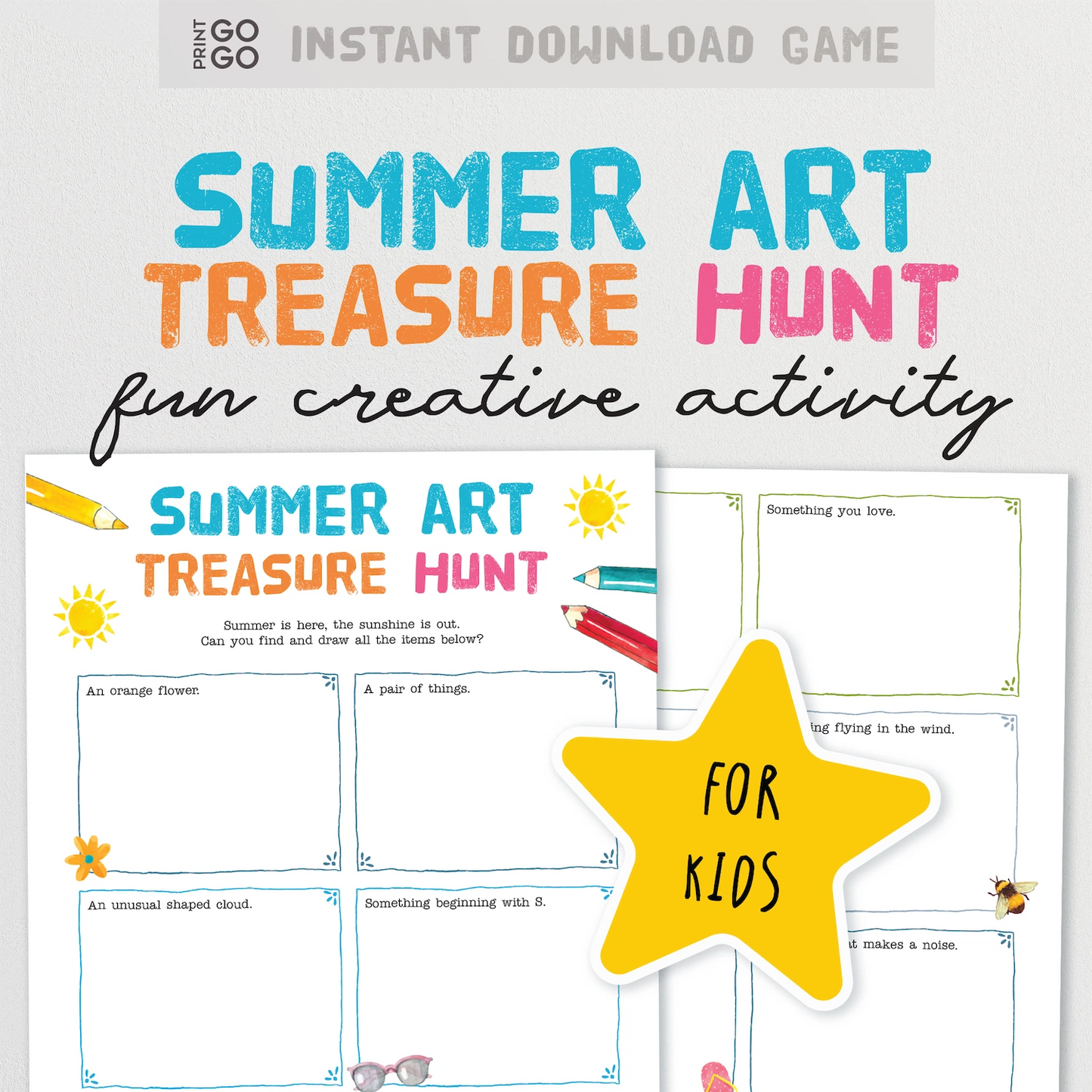 Instant download summer art treasure hunt activity sheet with colourful text and a star graphic.