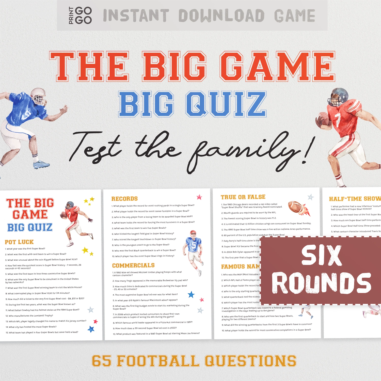 Instant download American football trivia quiz for a family game night.