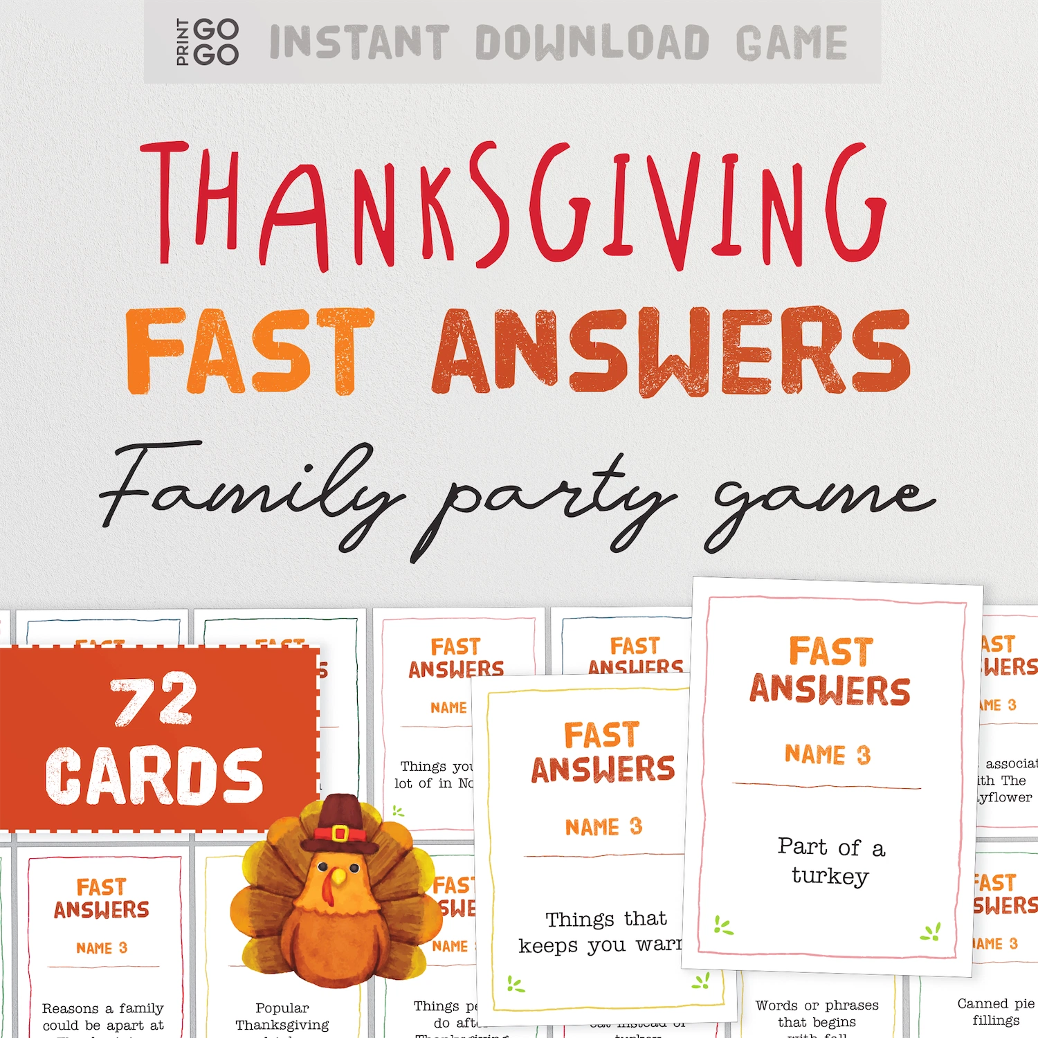 Thanksgiving fast answers family party game with cards and a turkey illustration on a white background.