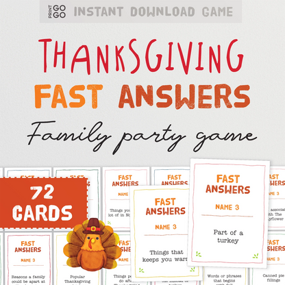 Thanksgiving fast answers family party game with cards and a turkey illustration on a white background.