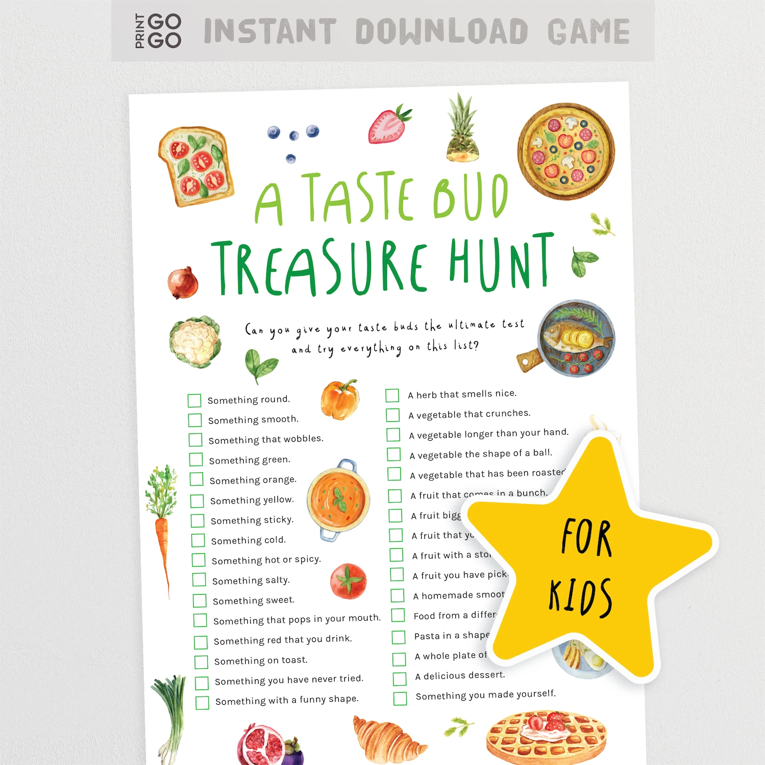 Children's 'Taste Bud Treasure Hunt' game sheet with illustrations and text on a white background.