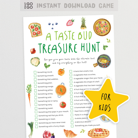 Children's 'Taste Bud Treasure Hunt' game sheet with illustrations and text on a white background.