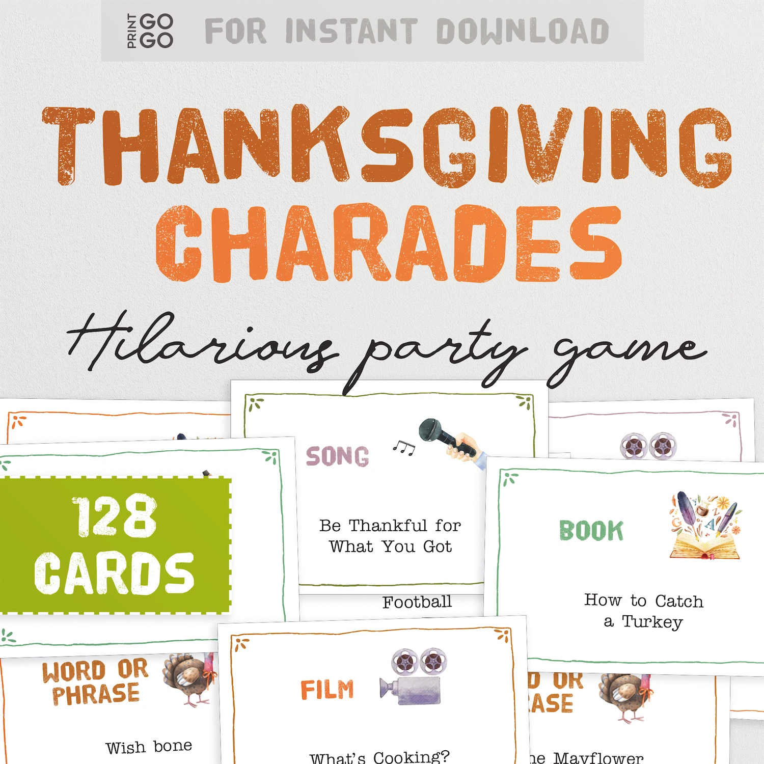 Thanksgiving charades party game with cards and text on a white background
