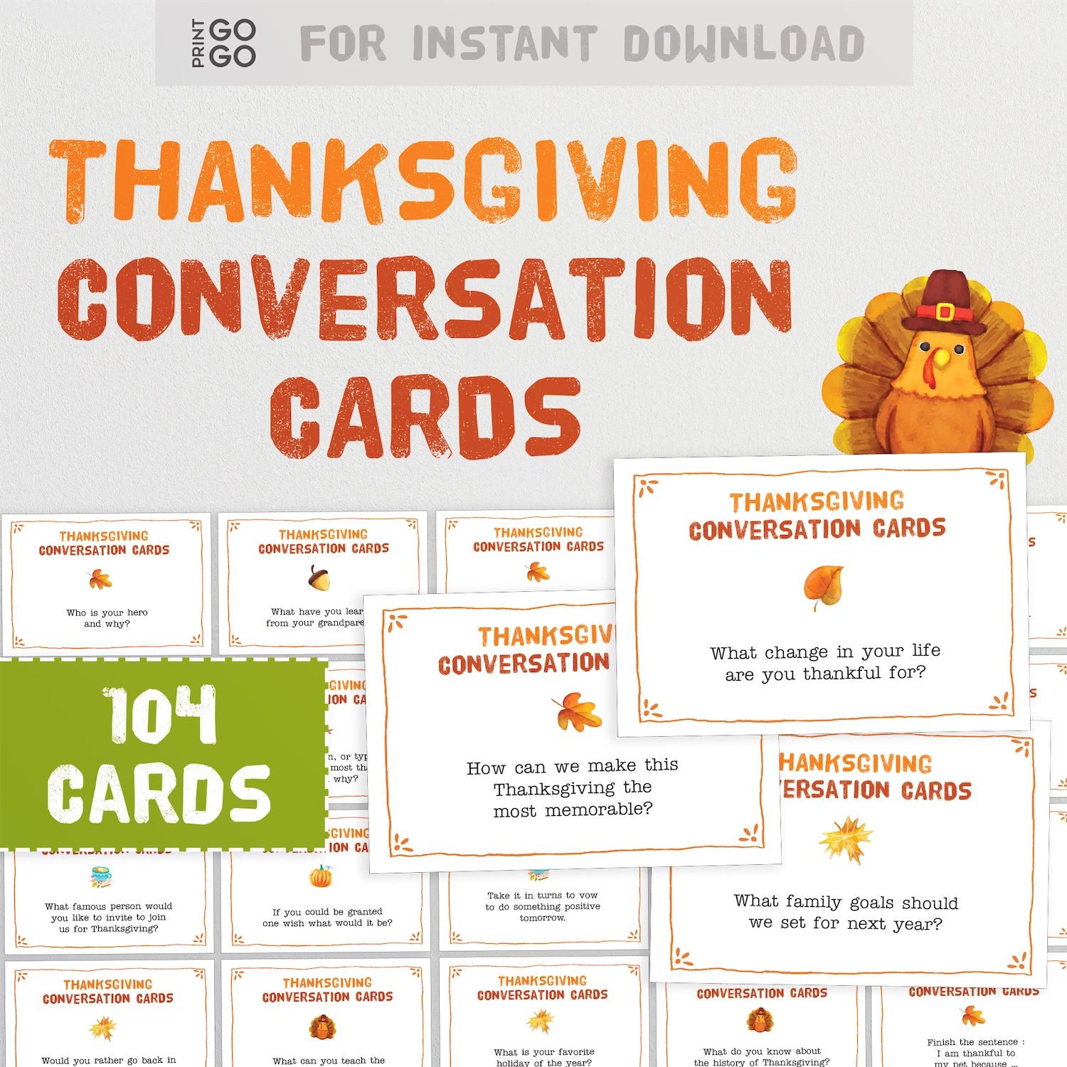 Thanksgiving conversation cards with a turkey illustration on a white background