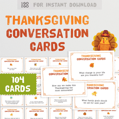 Thanksgiving conversation cards with a turkey illustration on a white background