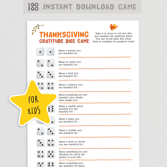 Thanksgiving Gratitude Dice Game sheet for kids with dice on a gray background
