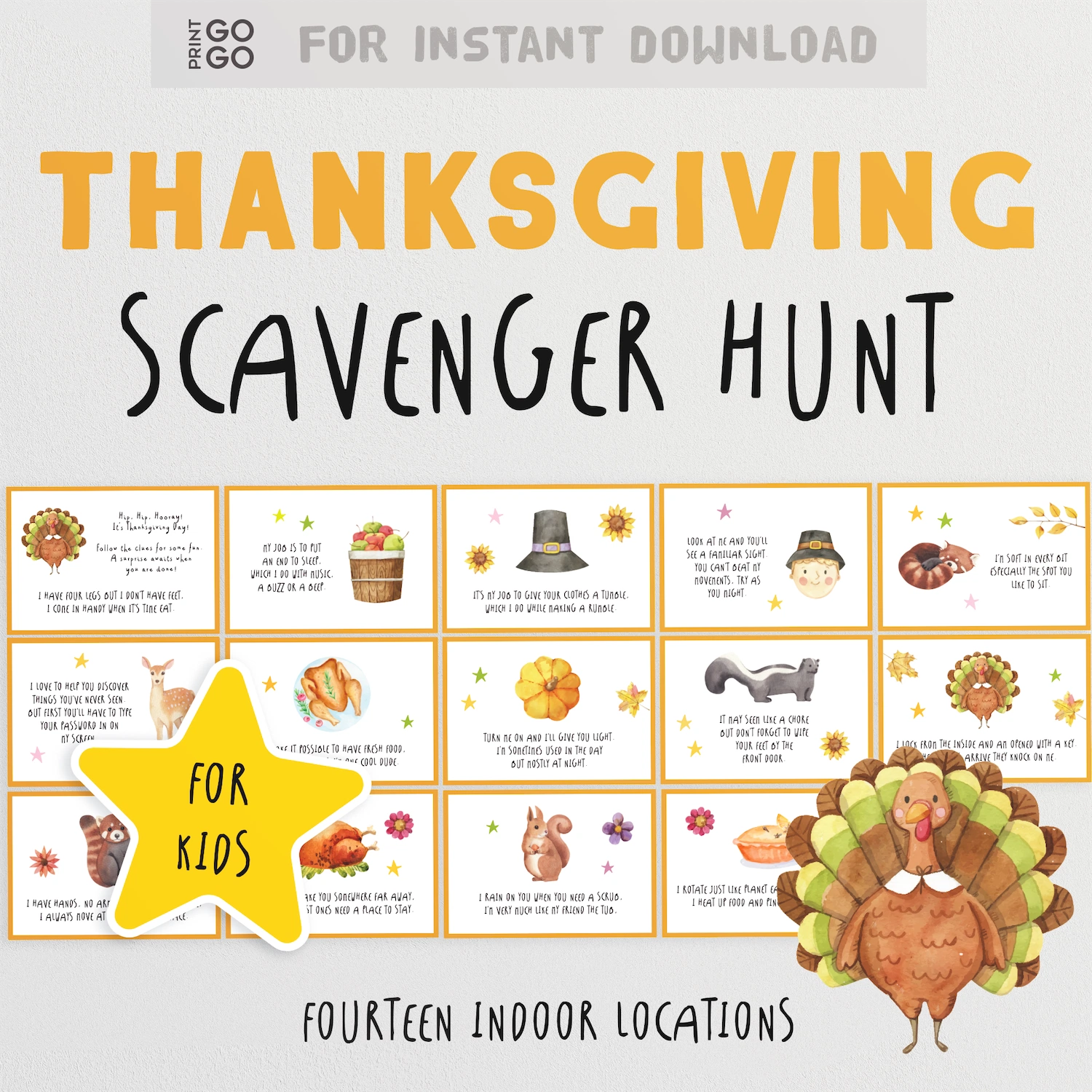 Instant download Thanksgiving scavenger hunt for kids with illustrations and text on a white background