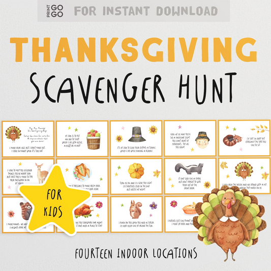Instant download Thanksgiving scavenger hunt for kids with illustrations and text on a white background