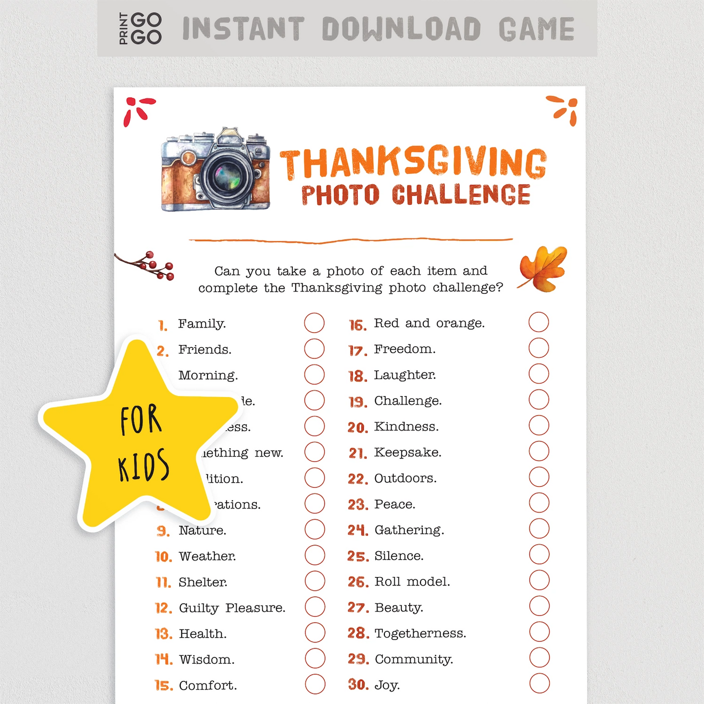 Thanksgiving photo challenge sheet for kids with a camera icon and autumn leaves on a white background.