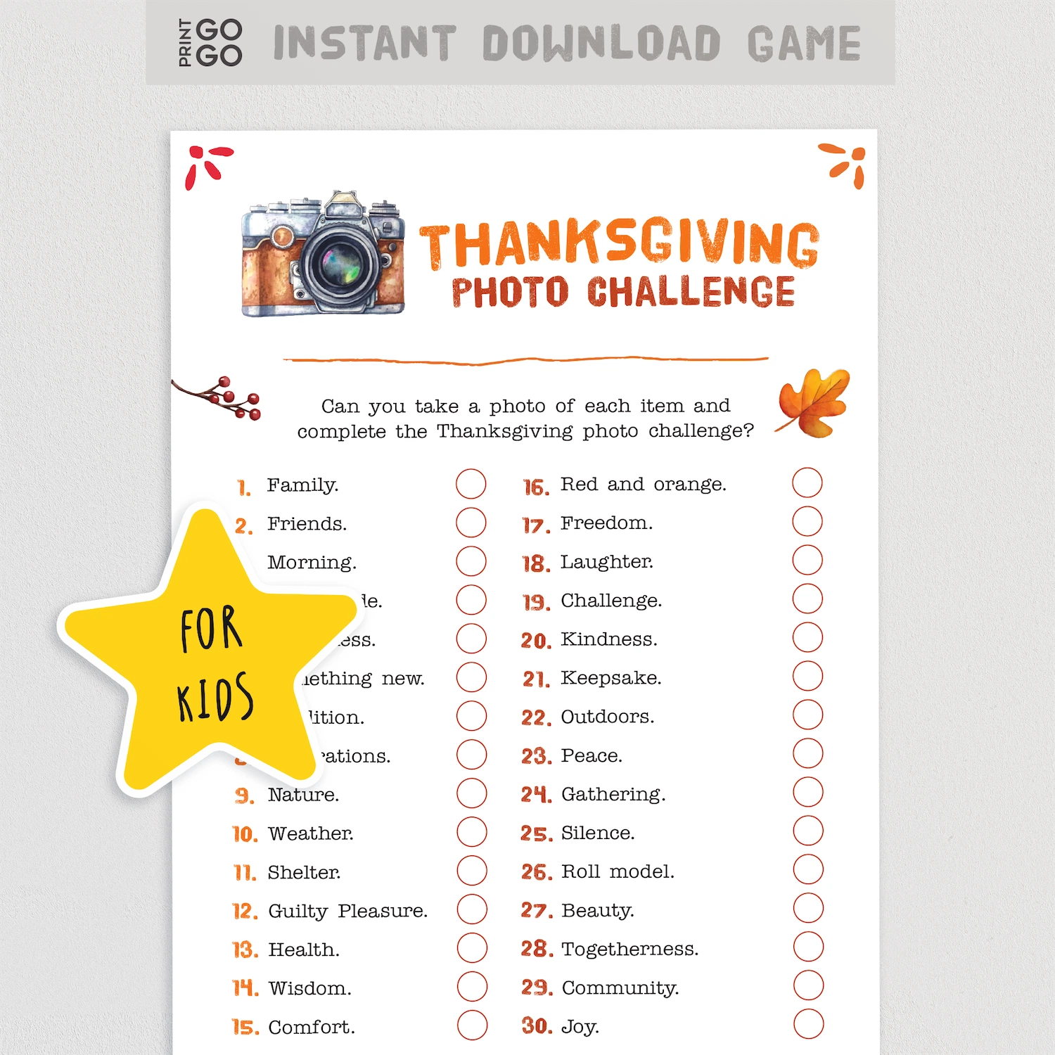 Thanksgiving photo challenge sheet for kids with a camera icon and autumn leaves on a white background.