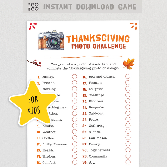 Thanksgiving photo challenge sheet for kids with a camera icon and autumn leaves on a white background.