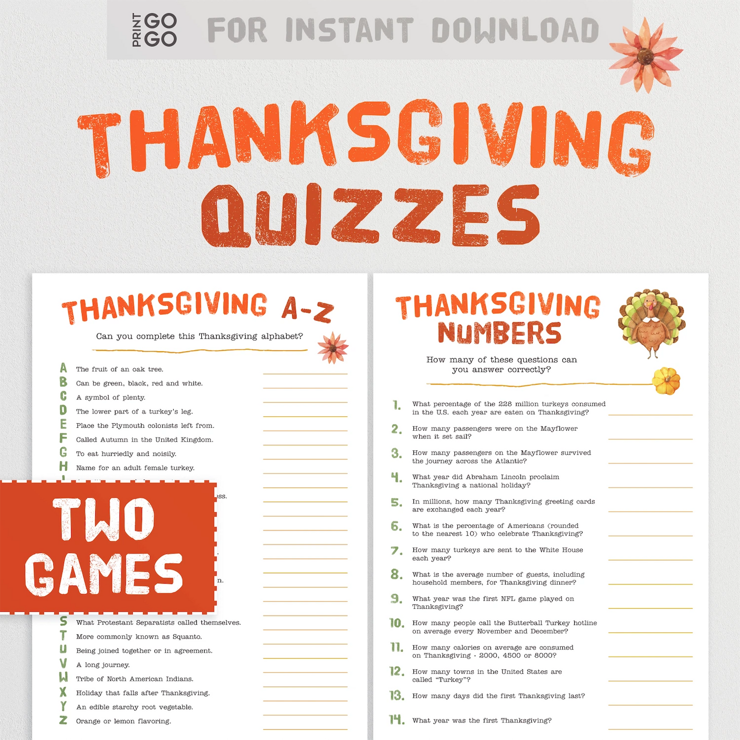 Printable Thanksgiving trivia quiz sheets for instant download.
