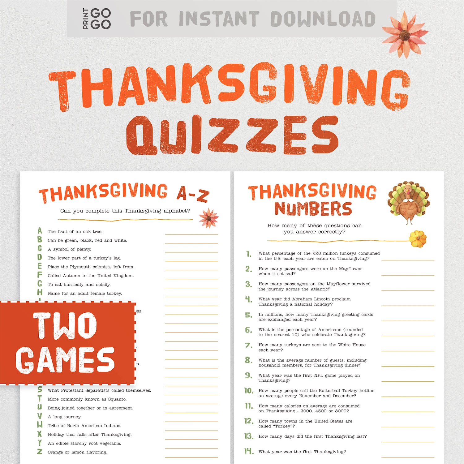 Printable Thanksgiving trivia quiz sheets for instant download.