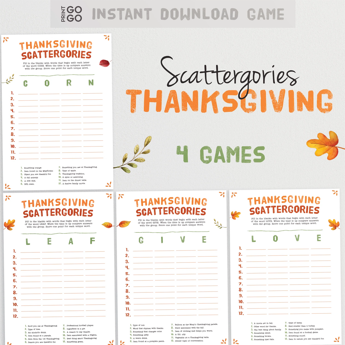 Scattergories Thanksgiving game sheets with autumn-themed design on a white background.