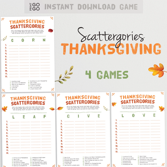 Scattergories Thanksgiving game sheets with autumn-themed design on a white background.