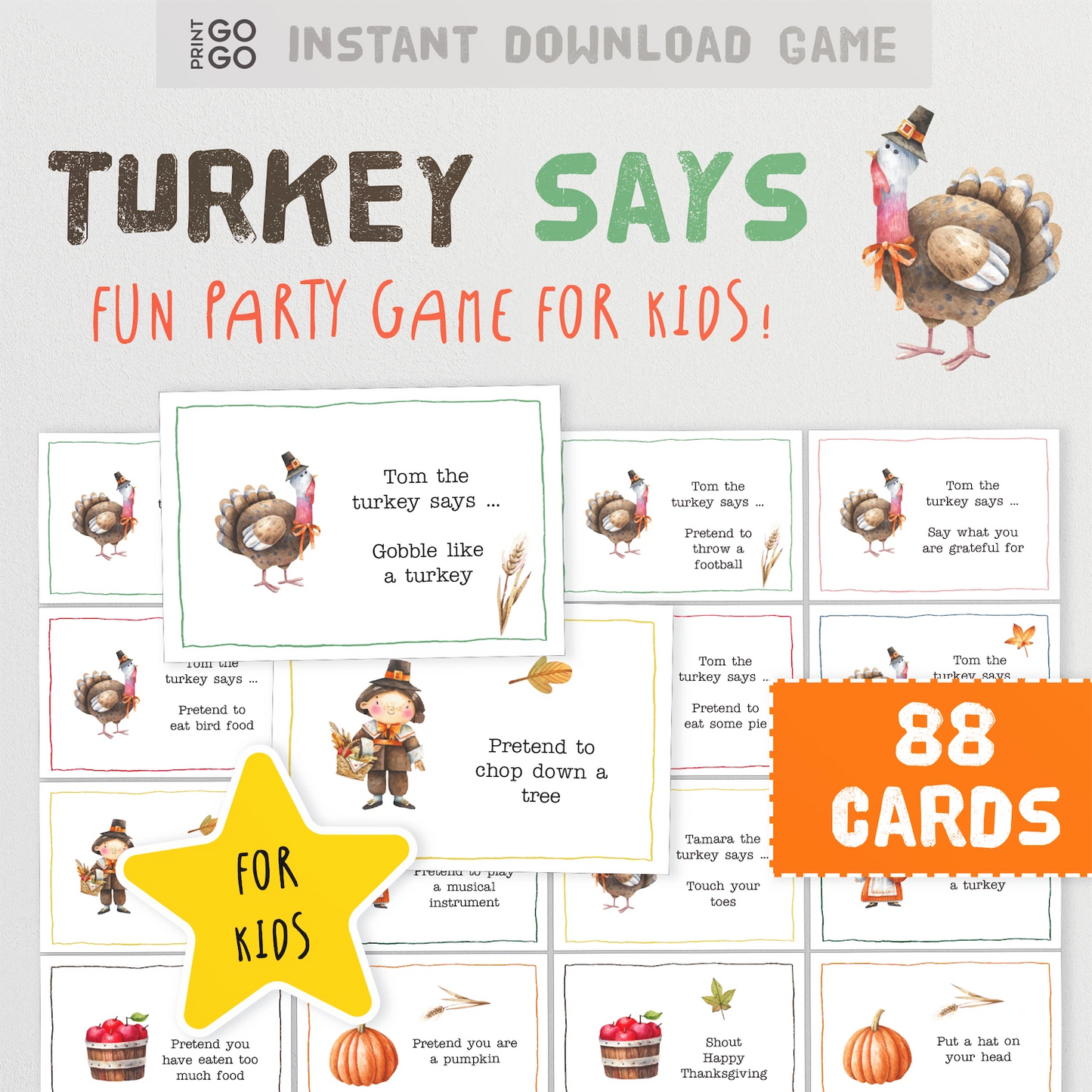 Turkey-themed party game cards for kids with a cartoon turkey and text on a white background.