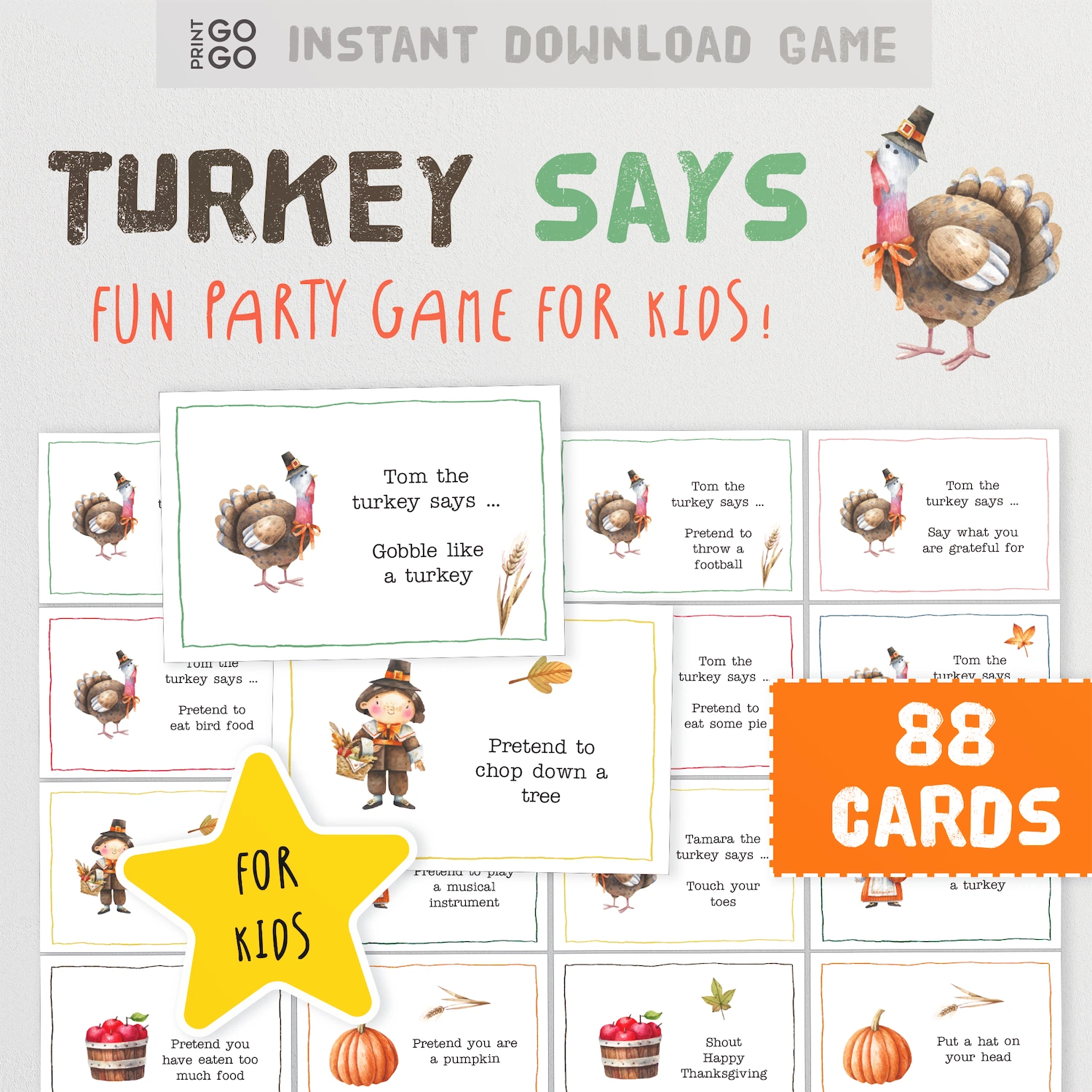 Turkey-themed party game cards for kids with a cartoon turkey and text on a white background.