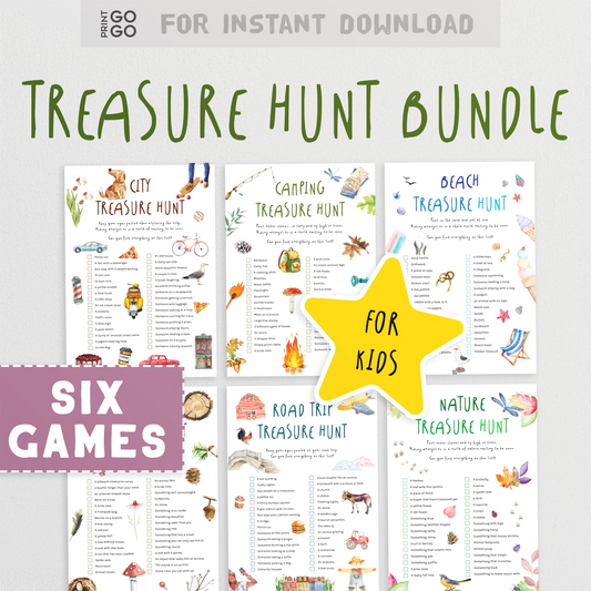 Treasure hunt bundle for kids with six different games on a white background.