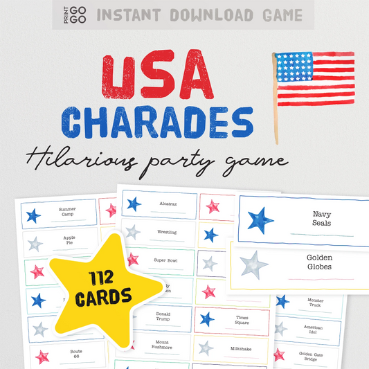 USA Charades party game with cards and American flag on a light gray background