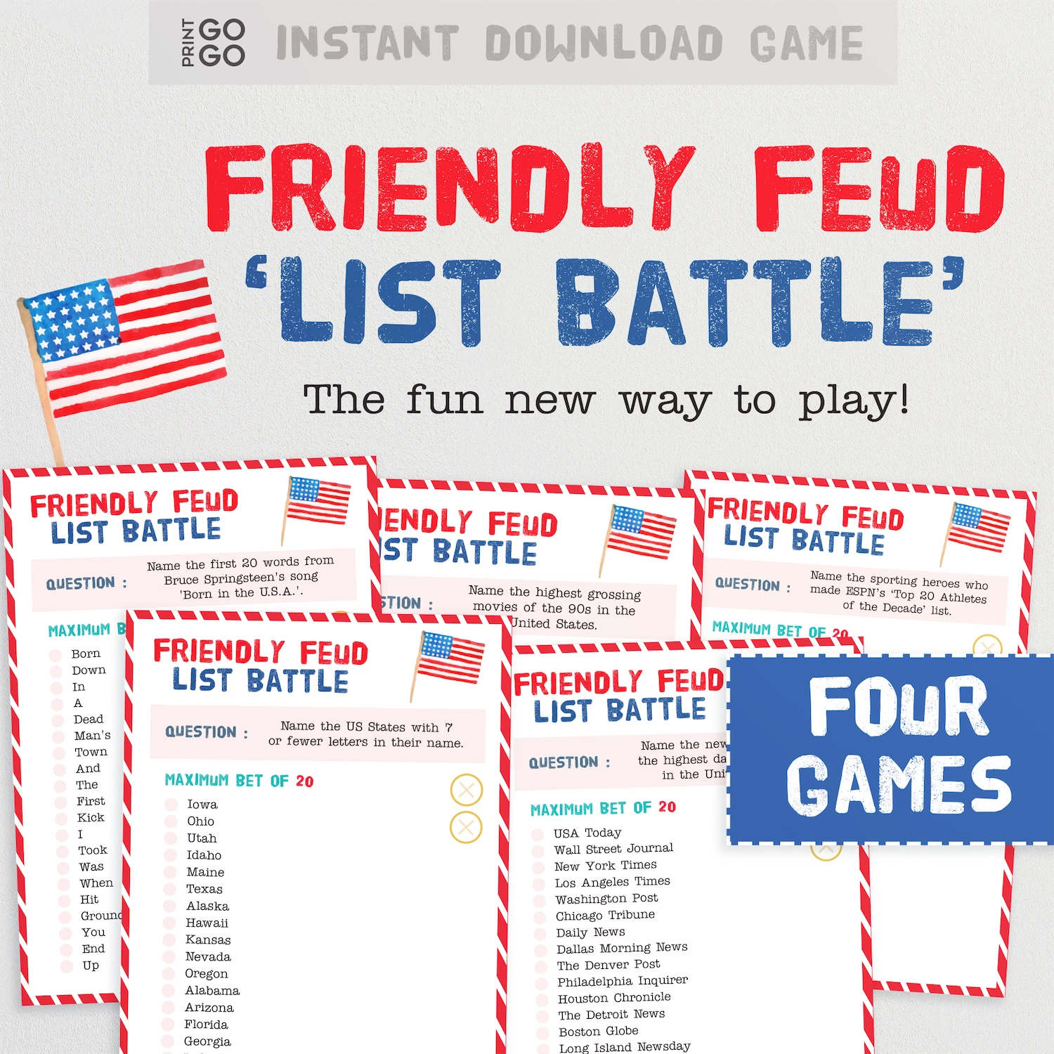 Instant download 'Friendly Feud List Battle' game with American flag and text on a white background.
