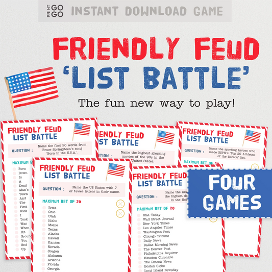 Instant download 'Friendly Feud List Battle' game with American flag and text on a white background.