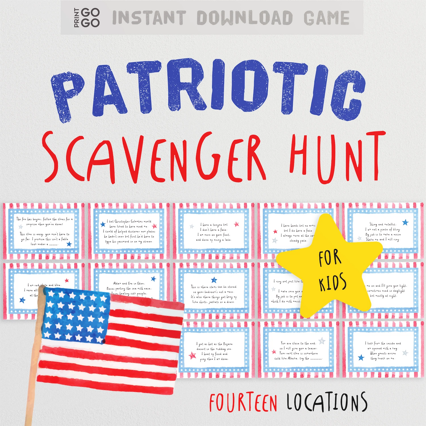 Patriotic scavenger hunt game for kids with American flag and yellow star, on a light gray background.