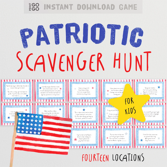 Patriotic scavenger hunt game for kids with American flag and yellow star, on a light gray background.
