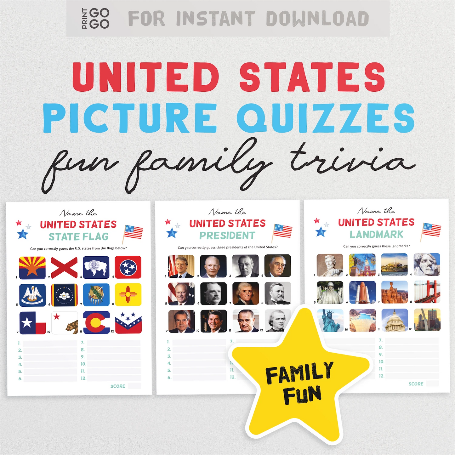 United States Picture Quizzes for instant download with family trivia, featuring state flags, presidents, and landmarks.