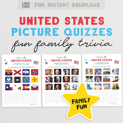 United States Picture Quizzes for instant download with family trivia, featuring state flags, presidents, and landmarks.