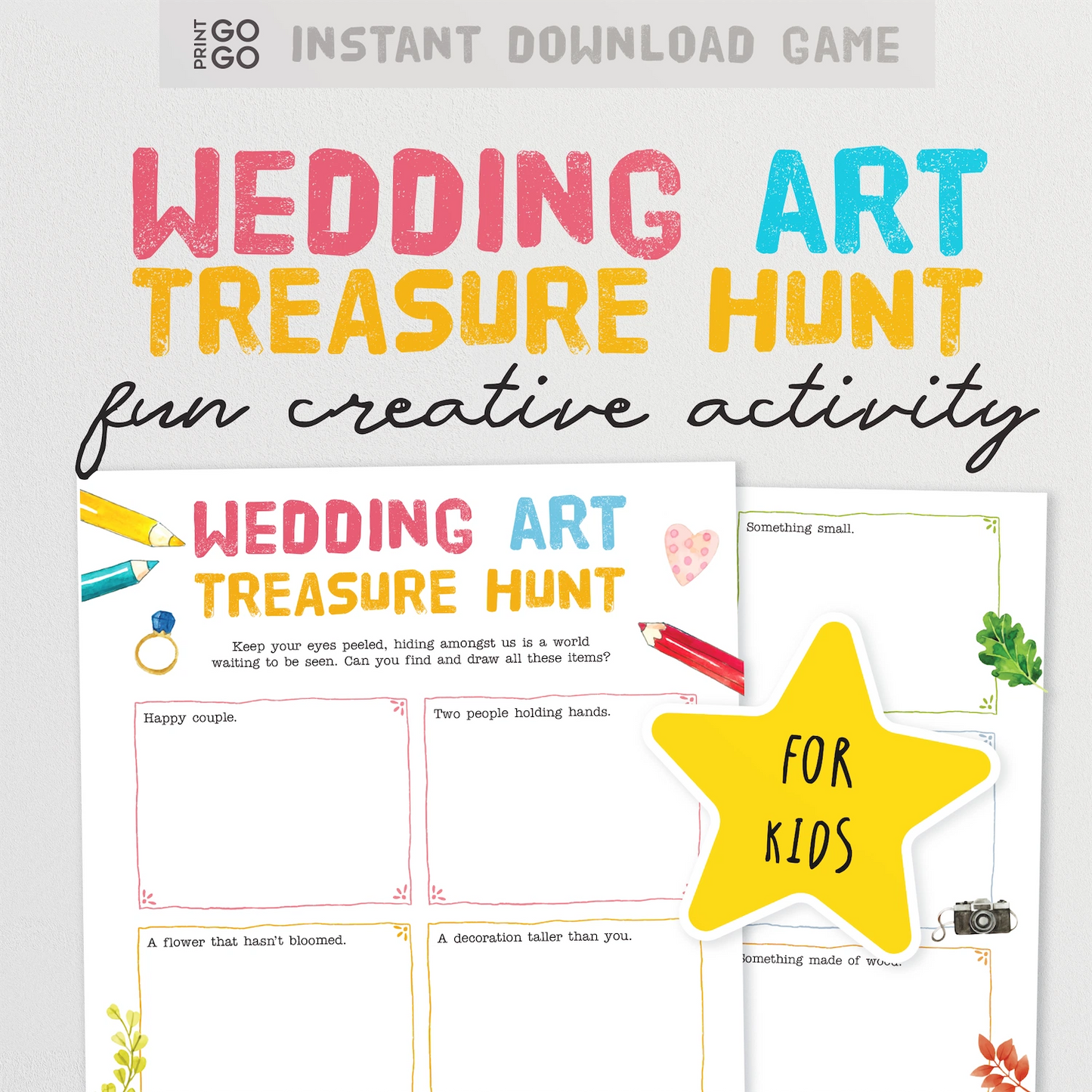 Instant download Wedding Art Treasure Hunt game for kids with colourful text and a star icon on a white background.