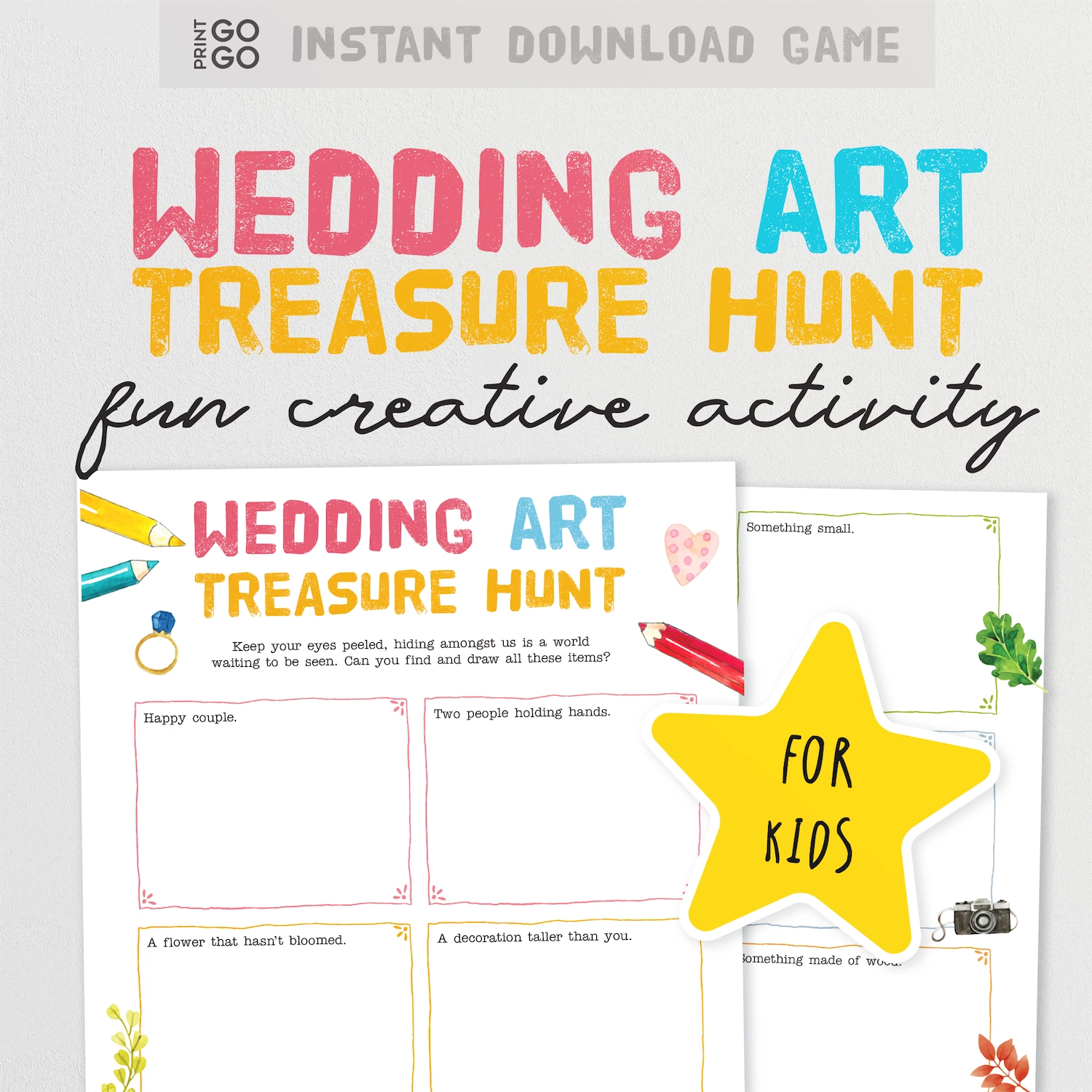 Instant download Wedding Art Treasure Hunt game for kids with colourful text and a star icon on a white background.