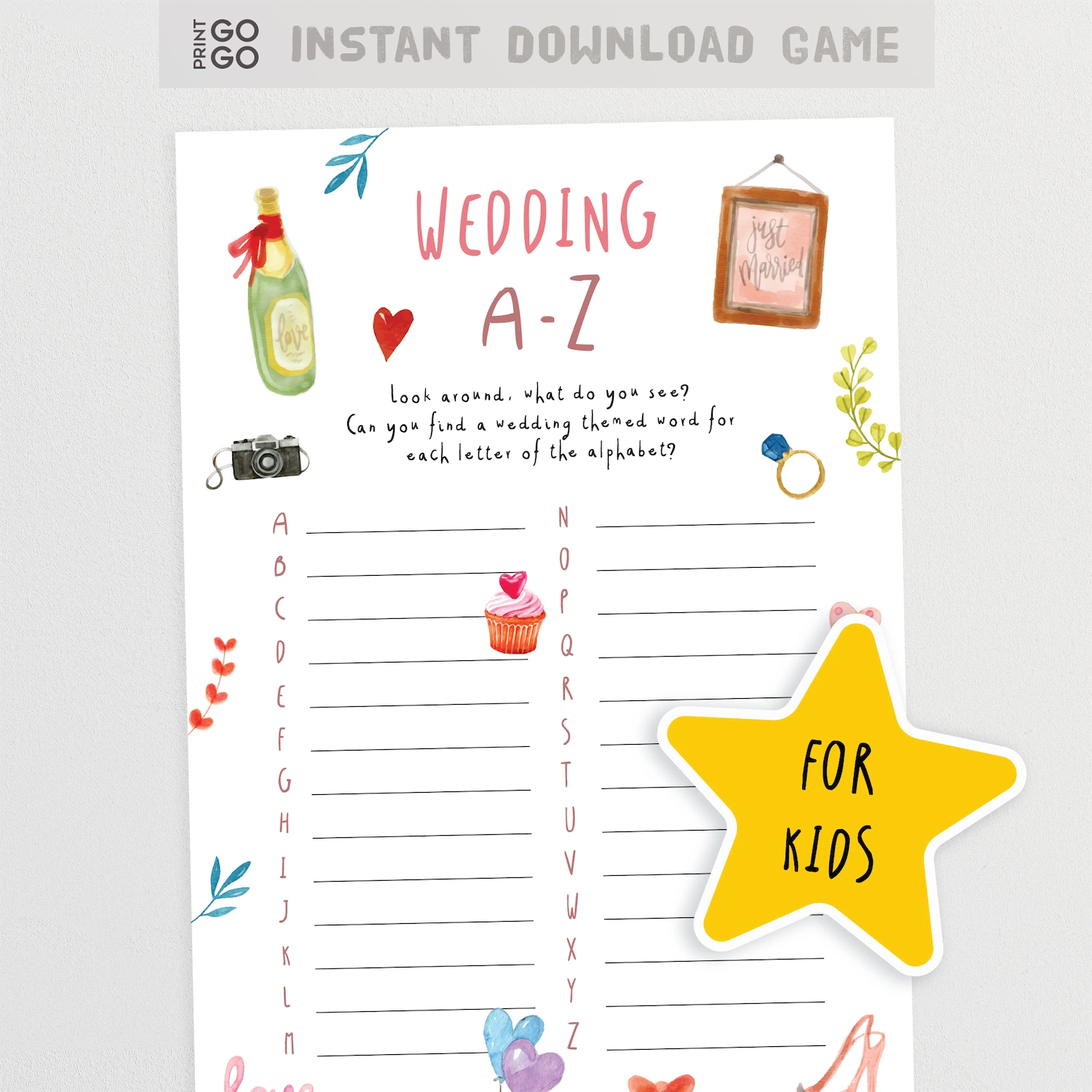 Wedding-themed game sheet for kids with colorful illustrations and a yellow star label.