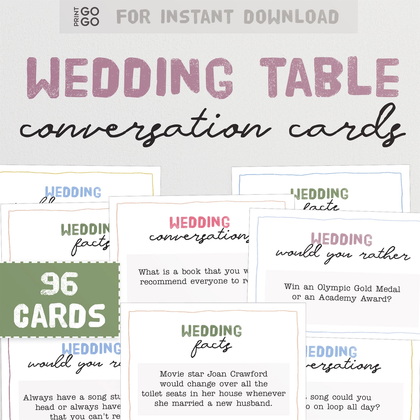 Instant download wedding table conversation cards with various questions on a white background