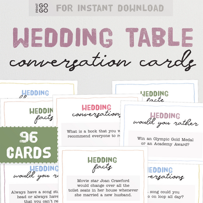 Instant download wedding table conversation cards with various questions on a white background