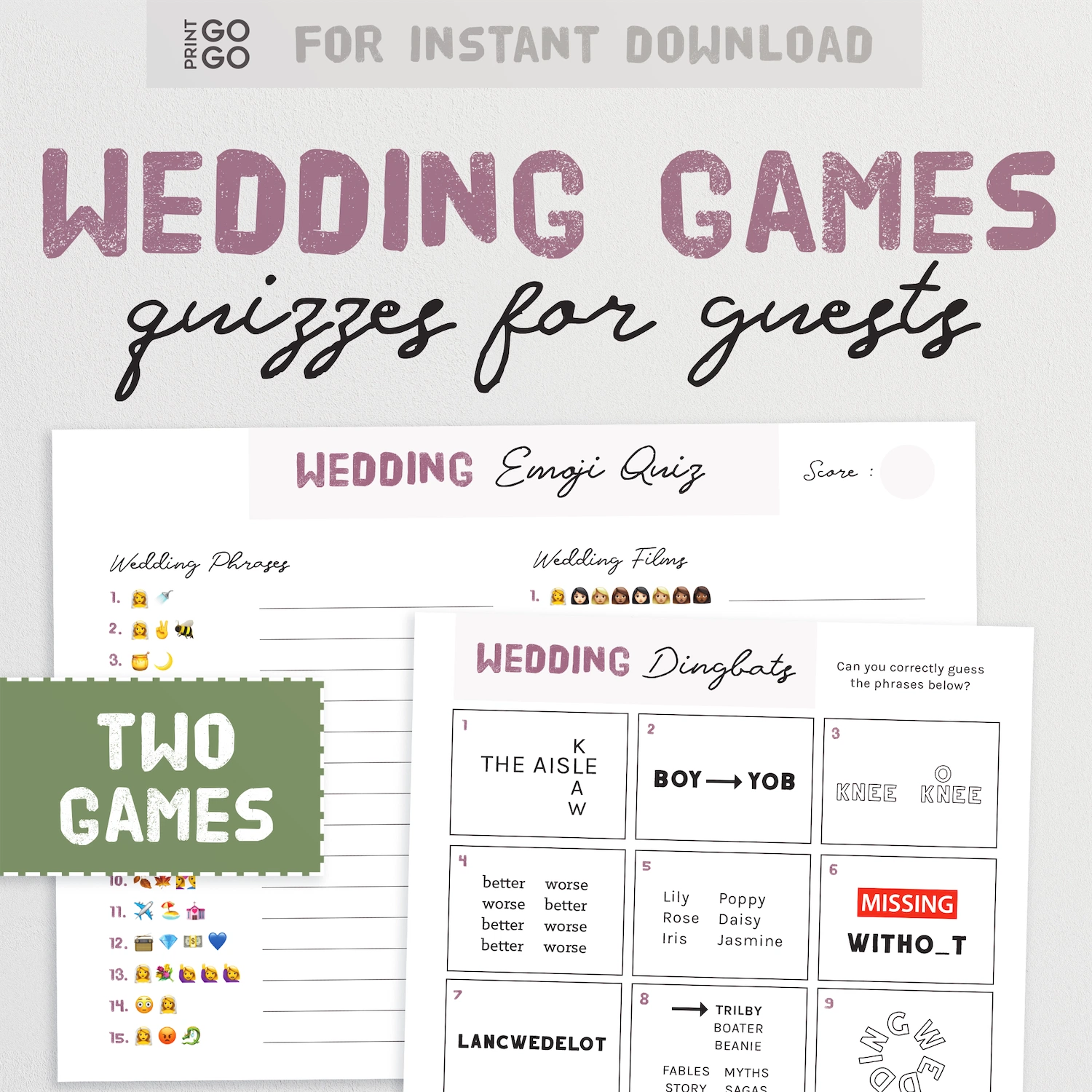 Wedding games and quizzes for guests with a focus on emoji and word games.