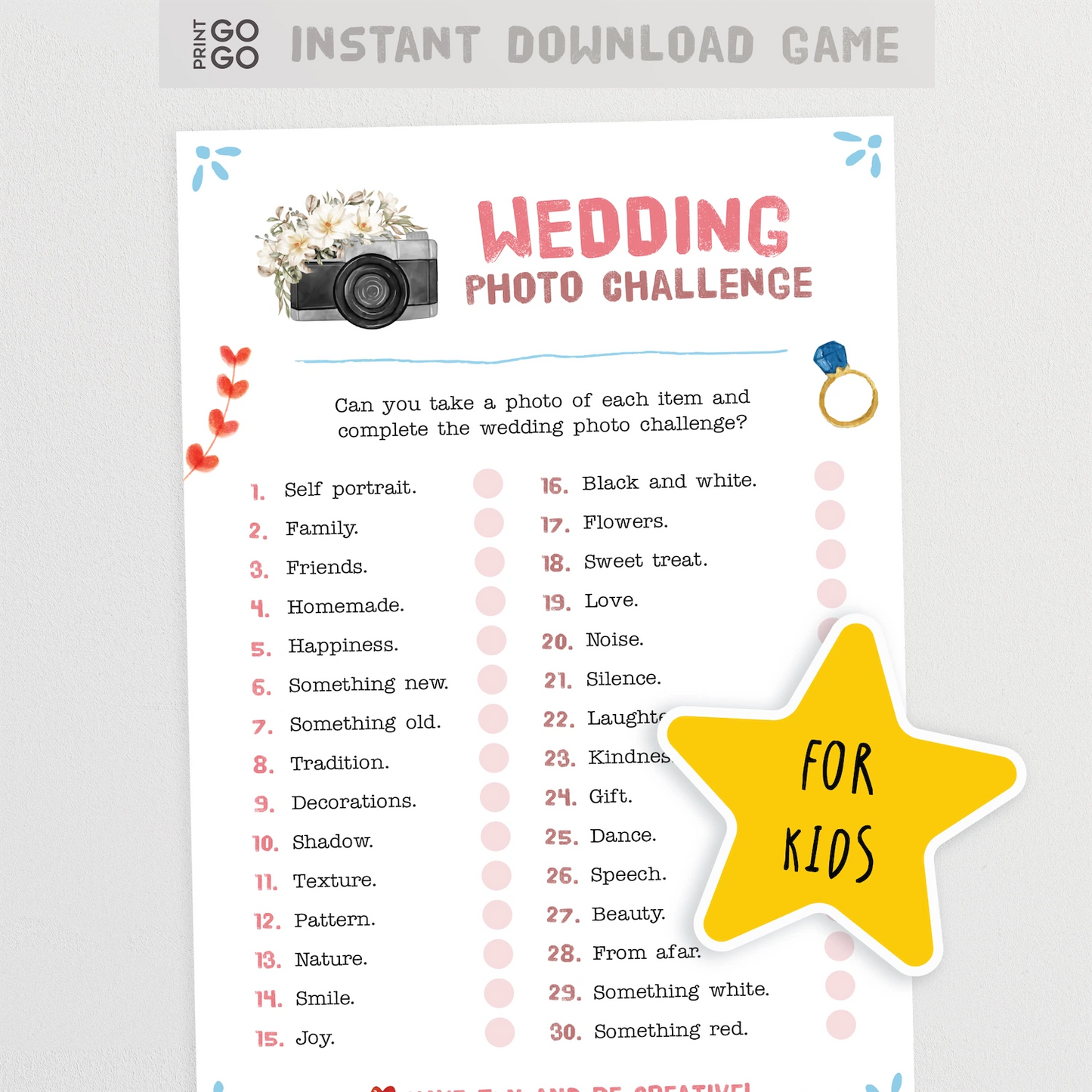 Instant download wedding photo challenge for kids.