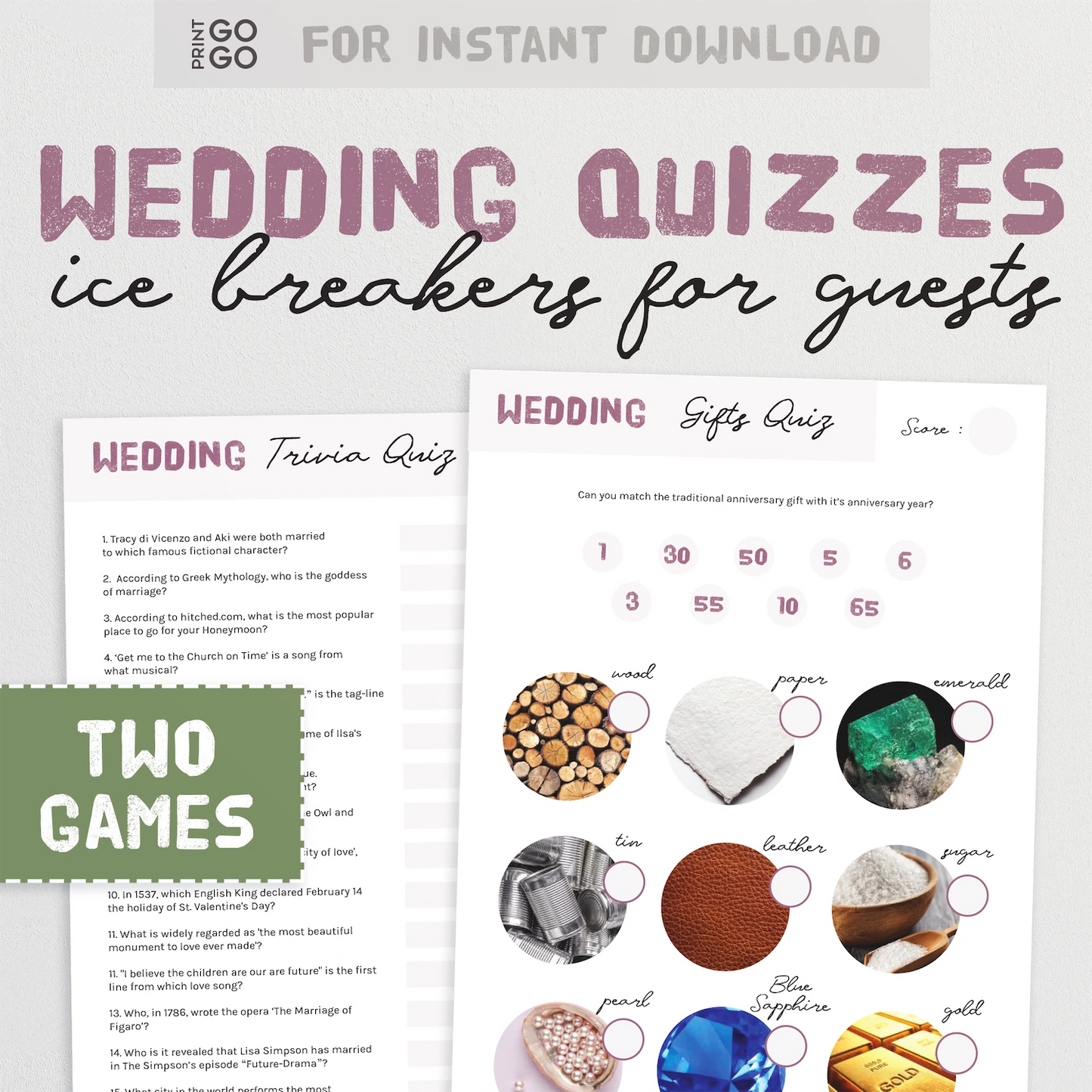 Wedding quizzes and ice breakers for guests with text and images on a white background.