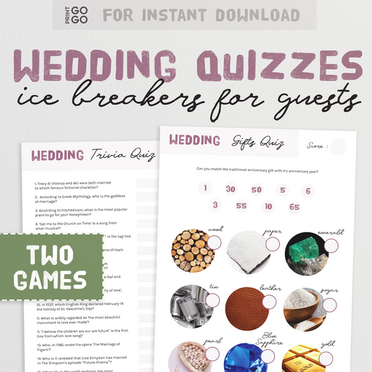 Wedding quizzes and ice breakers for guests with text and images on a white background.