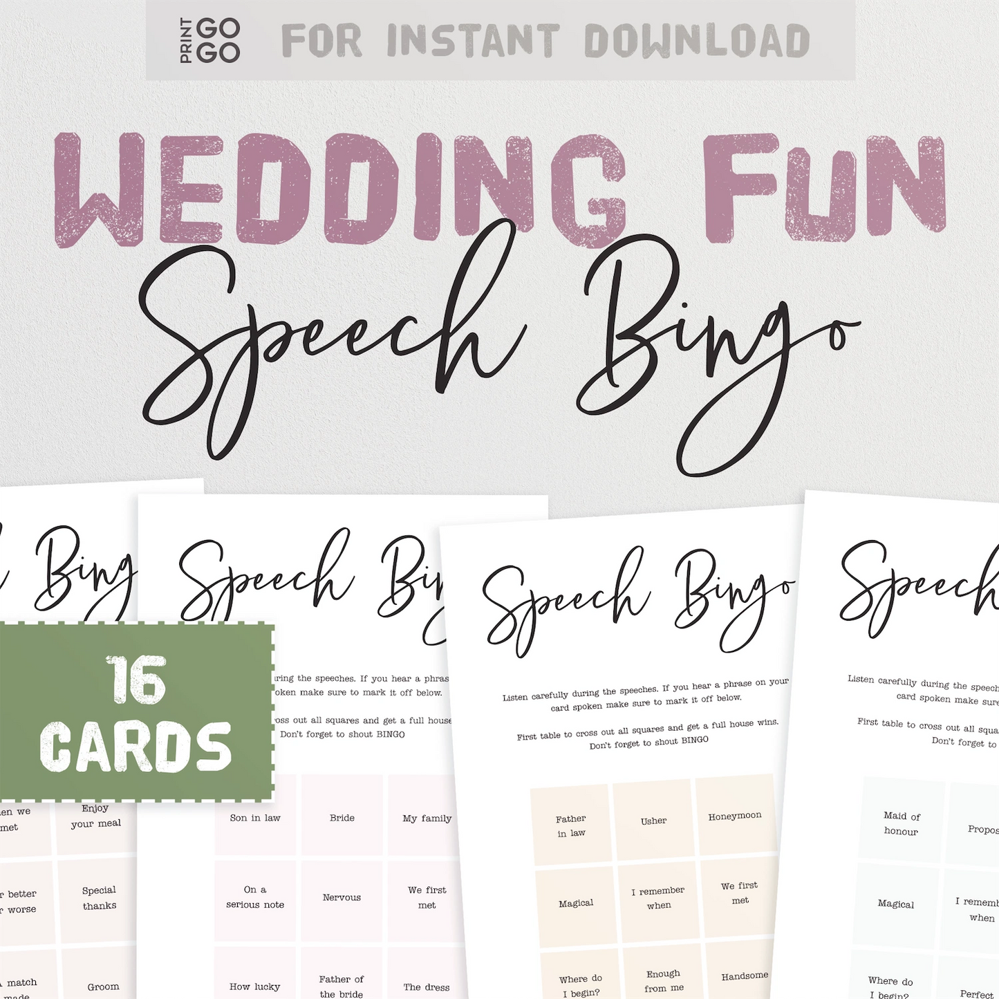 Instant download wedding speech bingo cards.