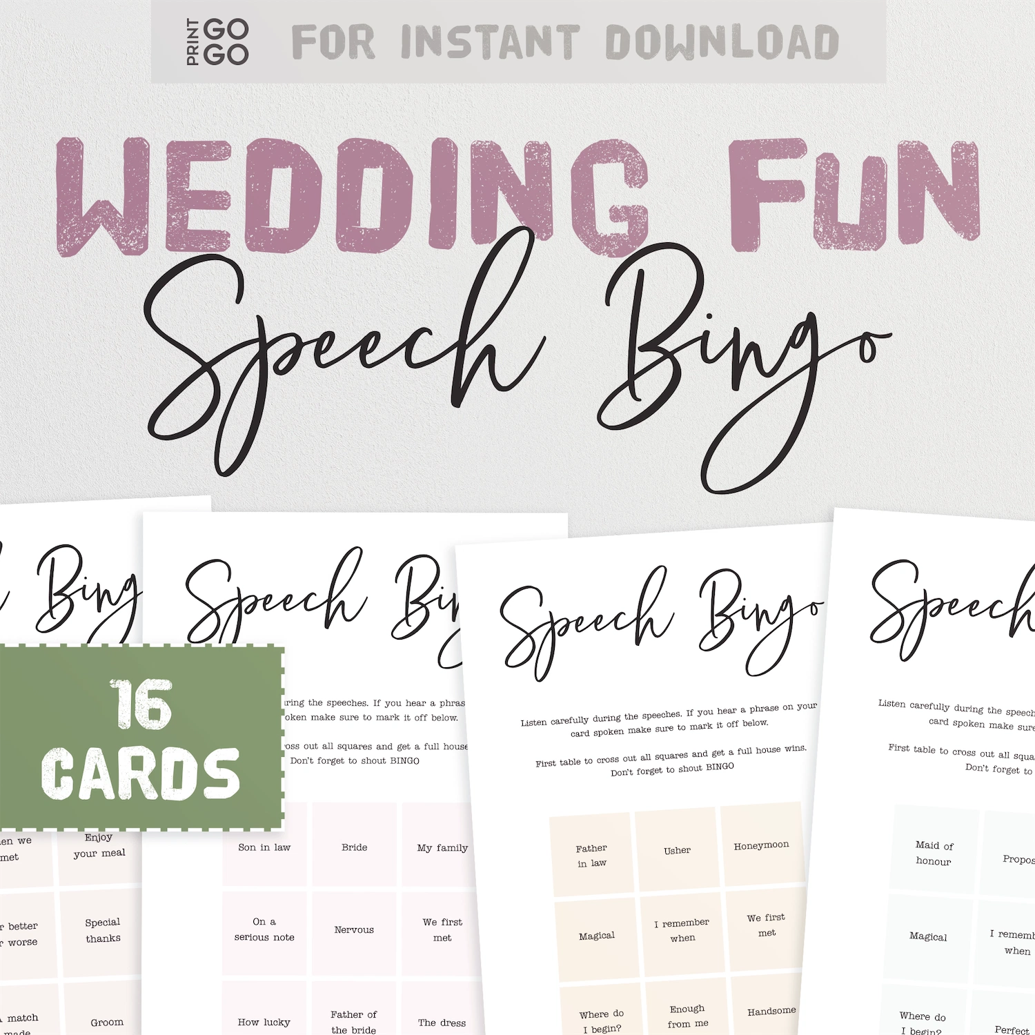 Instant download wedding speech bingo cards.