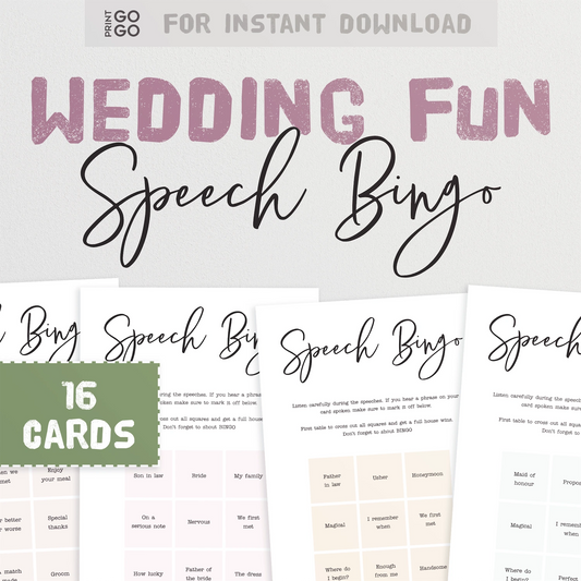 Instant download wedding speech bingo cards.