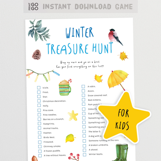 Winter treasure hunt game sheet for kids with illustrations and text on a white background.