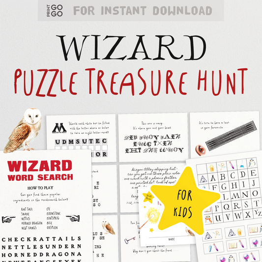 Wizard Puzzle Treasure Hunt for kids with various activities on a white background