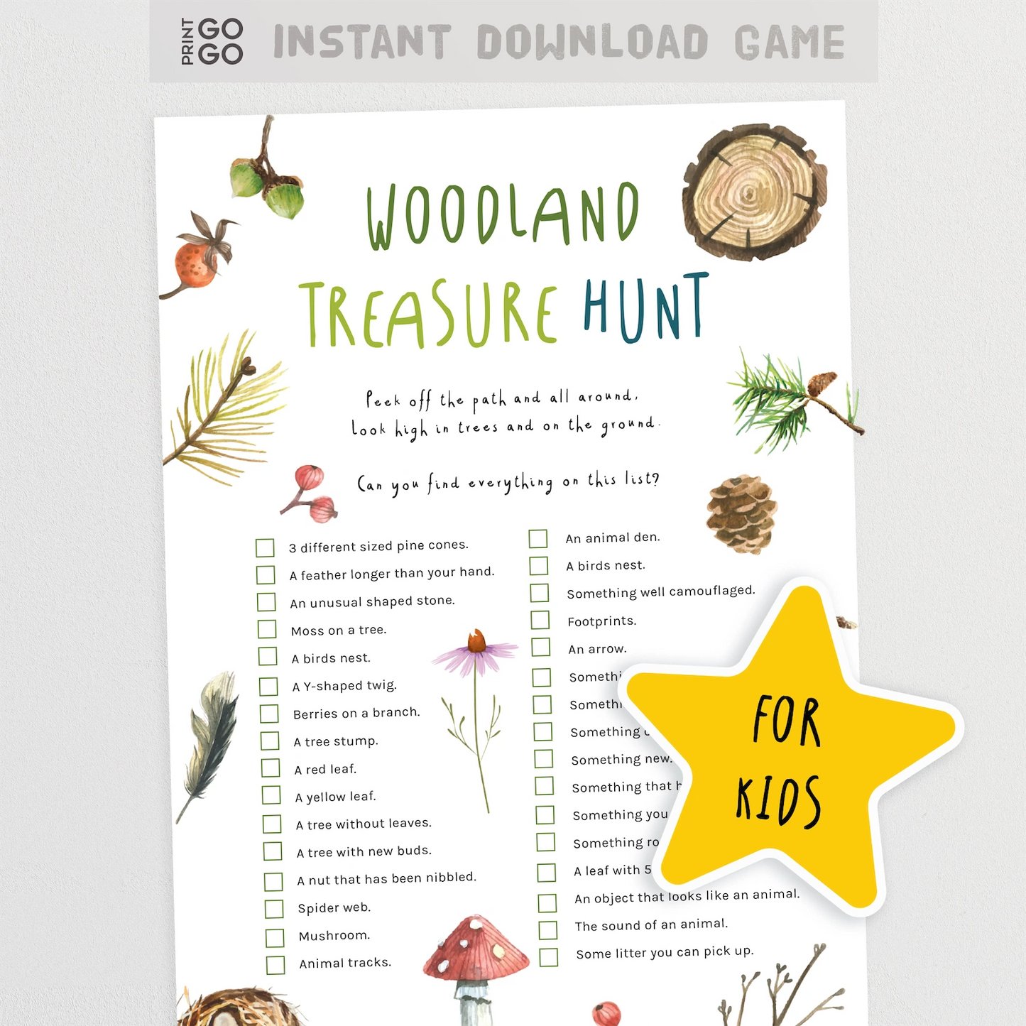 Woodland treasure hunt game sheet with illustrations and text on a white background
