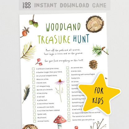 Woodland treasure hunt game sheet with illustrations and text on a white background