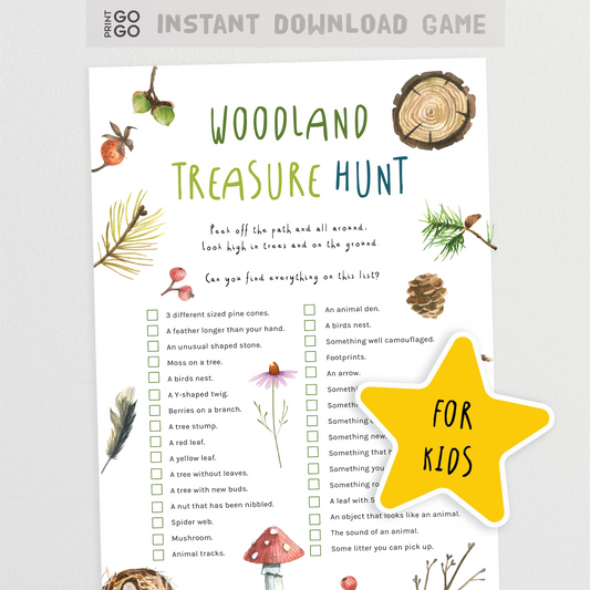 Woodland treasure hunt game sheet with illustrations and text on a white background