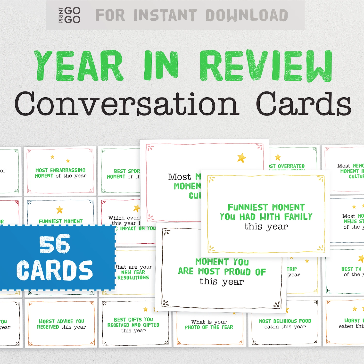 Instant download Year in Review conversation cards with various questions on a white background