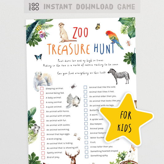 Zoo Treasure Hunt game sheet for kids with illustrations and text on a white background.