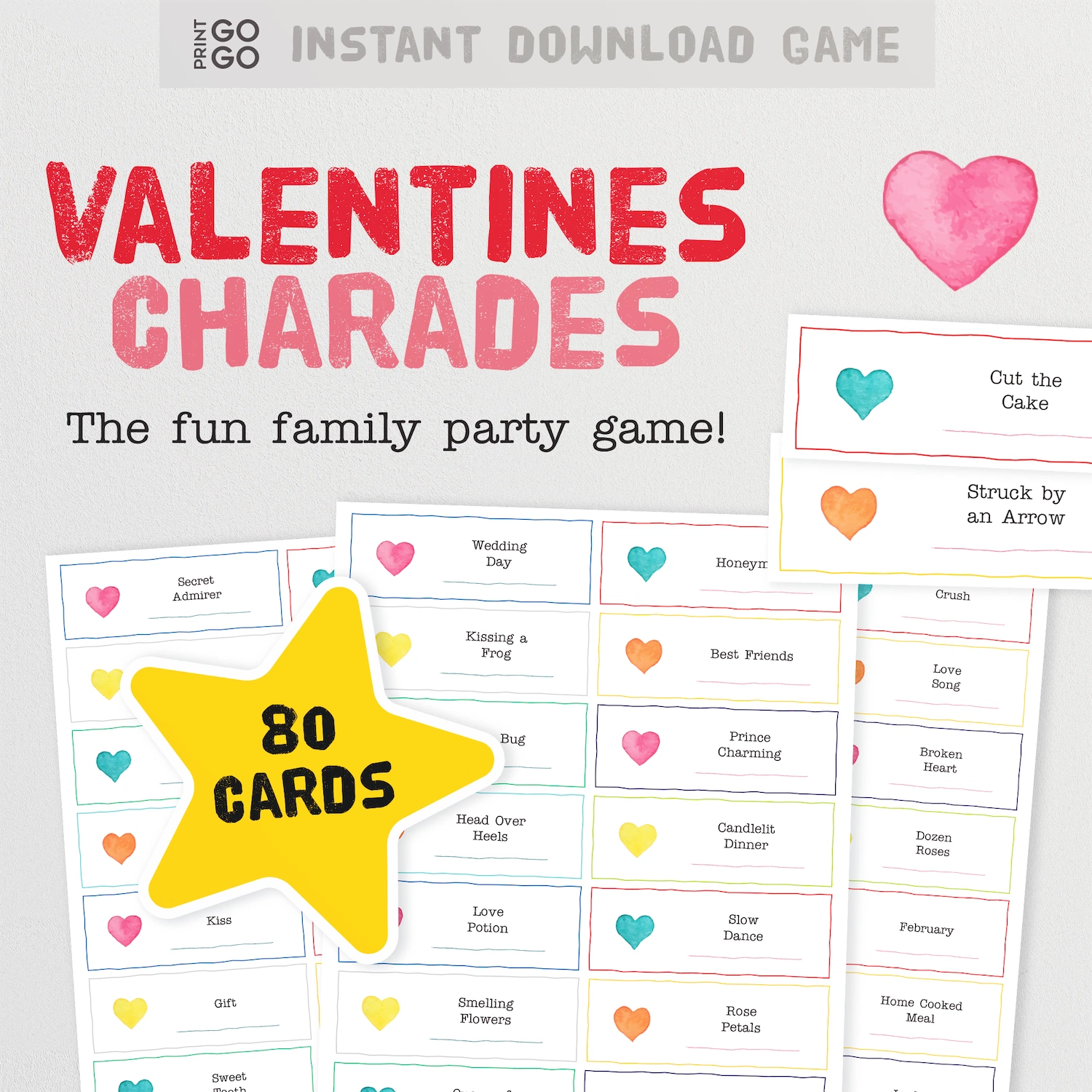 Instant download Valentine's Charades game with cards and text on a light gray background